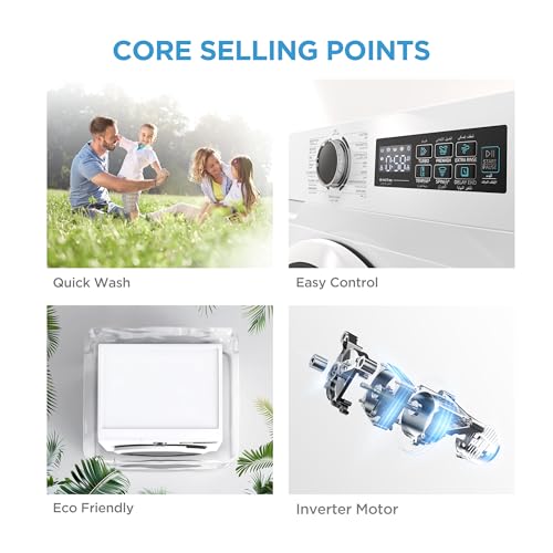 Midea 8KG Front Load Washing Machine With BLDC Inverter Motor, 1400 RPM, 15 Programs, Fully Automatic Washer With Lunar Dial, Integrated Digital Control-LED Display, Water Cube Drum - MF110W80B/W-GCC