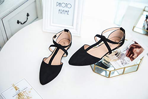 Mila Lady Laurel Womens Pointed Toe Ankle Strap T-Strap D'Orsay Dress Flats Shoes,BLACK11