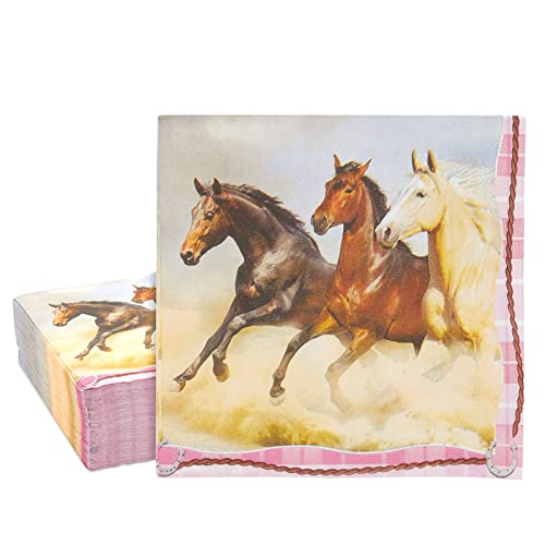 100 Pack Pink Horse Napkins, Cowgirl Birthday Party Supplies for Girls (6.5 x 6.5 In)
