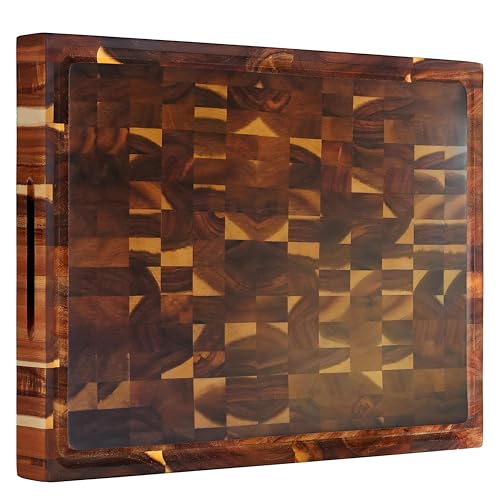 Tabla para picar cocina de madera 40 × 30 × 3 cm, con canal para jugos y asa, ideal para carne, verduras y frutas, diseño a cuadros, madera natural y dura, fácil de limpiar