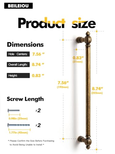 BEILEIOU Antique Brass Zinc Alloy Cabinet Pulls 192mm Hole Center Classic Vintage Drawer Handles Drawer Handles for Kitchen Cupboard Bathroom Dresser