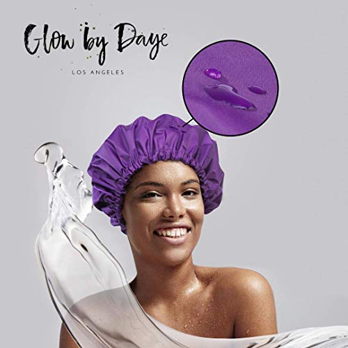 Large Satin Lined Shower Cap- Adjustable, Waterproof, Satin Interior for Hair Protection, Designed for Large, Long, or Natural, Hair, Reusable Cap by Glow by Daye (Purple/Black)