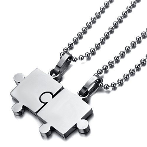 RareLove His & Hers Couples Pendant Necklace 2pcs Stainless Steel Silver Puzzle Matching