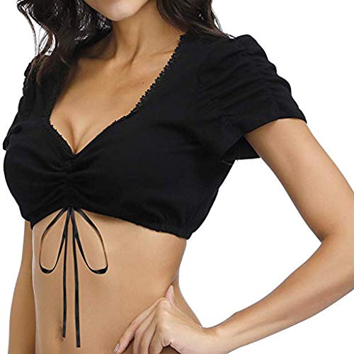 Mayunn Women's Elegant Sexy Short Sleeve Lace T Shirt Dirndl Blouse Crop Tops Sweatshirt Pullover for Oktoberfest (S-3XL) (BlackB, XL)