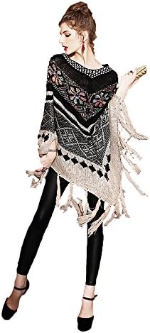 AMCLYZH Women's Tassel Winter Scarf Knitted Shawl Poncho Capes Loose Cardigans Sweater Coat With Batwing Sleeve-Beige