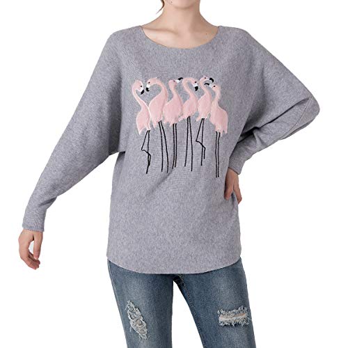 Marpressel Women's Dolman Sleeves with Cute Faux Fur Flamingo Applique Pullover Sweater (Grey)