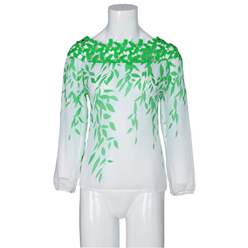 Respctful✿Women Plus Size Hollow Chiffon Blouse Long Sleeve Casual Tops Shirts Boho Leaf Printed Tunic for Woman Green - Thumbnail 3