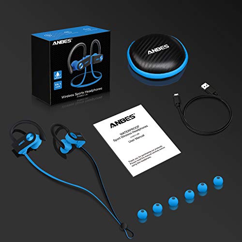 Bluetooth Headphones,ANBES IPX7 Waterproof Wireless Earbuds,Sports Earbuds with Ear Hooks & Mic, HD Stereo Sound in-Ear Bluetooth Earbuds, Up to 8 Hours Playing Time Gym Running (Blueblack)