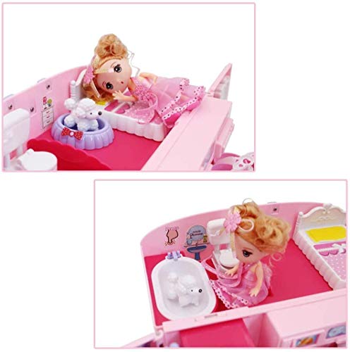 deAO 2-in-1-Spielset für Kinder in Rosa mit tragbarem Puppenhaus, Licht- und Musikfunktionen, Zubehör, Tragetasche und… – Bild 5