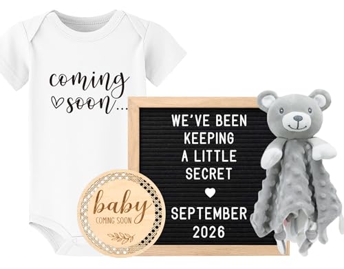 Baby Coming Soon Announcement Ideas, Surprise Pregnancy Reveal To Family Grandparents Grandma Dad- Baby Shower Gender Reveal Gifts- Felt Letter Board, Wooden Sign, Onesie, Security Blanket