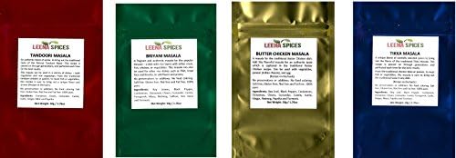 LEENA SPICES - 4 Packs Of Indian Spice - Tandoori Seasoning, Biryani Blend, Butter chicken And Tikka Masala – All Gluten Free - Easy To Cook Delicious Recipes On Back Cover.