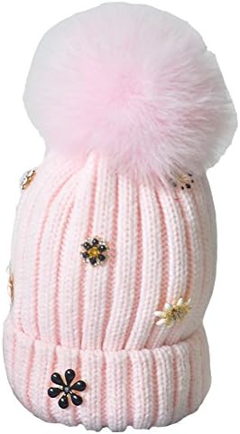 Krueis Delicate Knit Winter Hat with Flowers and Removable Fluff Ball,Pink