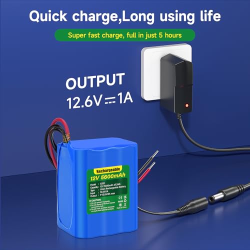 Mspalocell Rechargeable 12V 5600mAh Lithium ion Battery Pack with Charger Bare Leads Wire for 12V Devices RC Car,LED Strip,DIY Project,Electronic Organ,Optical Network Unit,CCTV Camera,Solar Panel