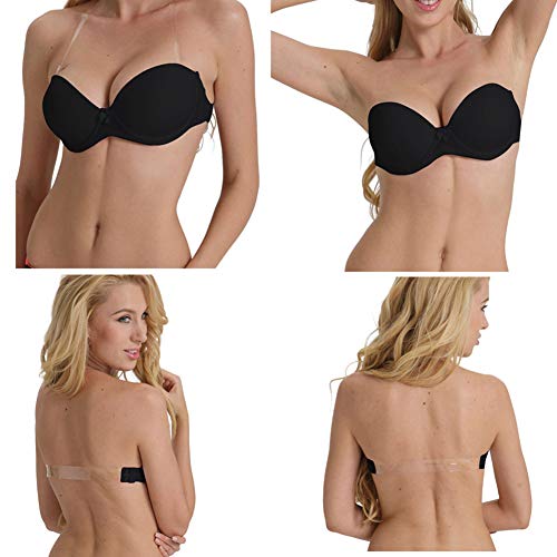 Strapless Bra with Clear Back Invisible Strap Push Up Padded Underwire Backless Halter Bralette 32D, Black