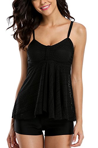 Sociala Women's Mesh Padded Tankini Swimsuits With Shorts Two Piece Bathing Suit