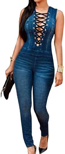 cheelot Women Push up Vogue Sleeveless Cowboy Sexy Straps Jumpsuit Pants Blue XS