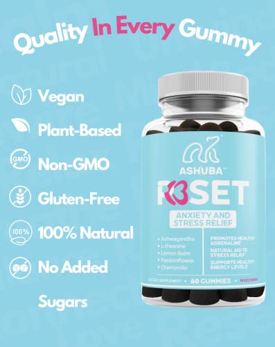 ASHUBA Reset Stress Relief Gummies| Ashwagandha, Lemon Balm, Passionflower, L-theanine, Chamomile | Boosts Energy, Supports Mood, Relaxes Mind & Body| Vegan, Non-GMO & Lab Tested-60 Gummies