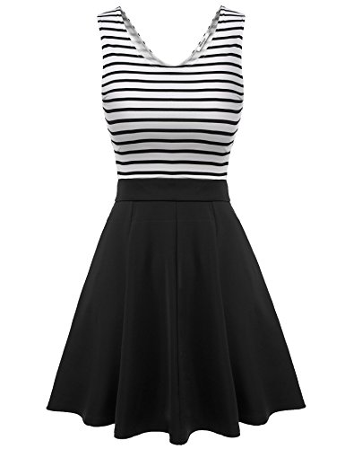 Meaneor Women's V Neck Sleeveless Open Back Black White Strip Summer Mini Dress