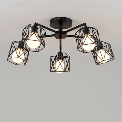 Modeen Vintage Retro Ceiling Lights Industrial Chandeliers Metal Wire Cage Lamp Semi-Flush Mount Rustic Ceiling Lamp Indoor Home (Size : Five Heads)