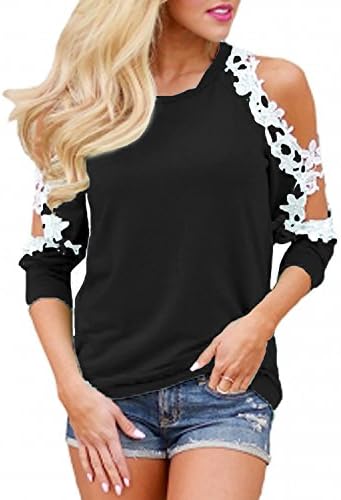 StyleDome Women's Off Shoulder Blouse Shirts Crechet Lace Long Sleeve Casual Round Neck Tee Tops Black M