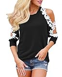 StyleDome Women's Off Shoulder Blouse Shirts Crechet Lace Long Sleeve Casual Round Neck Tee Tops Black L