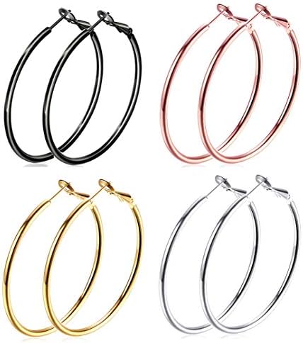 4 Pairs Big Hoop Earrings, 60mm Stainless Steel Hoop Earrings in Gold Plated Rose Gold Plated Silver Black Colors for Women Girls