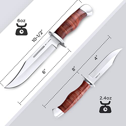 Flissa 2-piece Bowie Knife with Sheath, Fixed Blade Hunting Knife with Leather Handle for Outdoor, Camping, Survival, Hiking