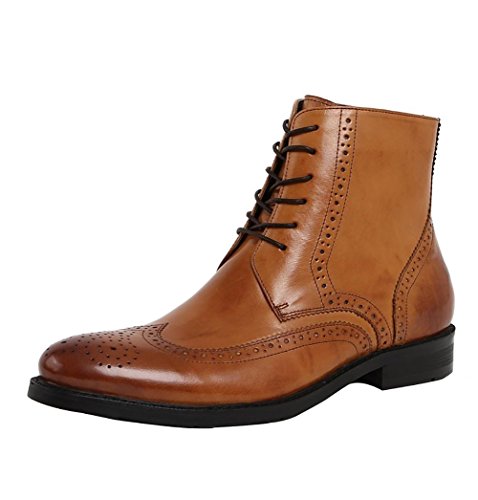 SYYAN Men's Brogue Leather High Top Straps Manual Martin Boots Outdoor, Yellow, 40