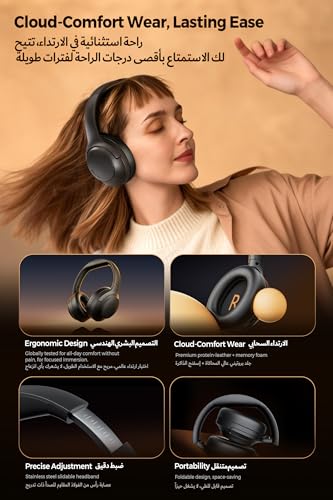 SOUNDPEATS Cove Pro Adaptive Hybrid Active Noise Cancelling Foldable Over-Ear Headphones, LDAC Hi-Res Audio Wired/Wireless Certified, 7MIC AI Clear Calls, Bluetooth 6.0 Bluetooth Earphones, 95H, APP