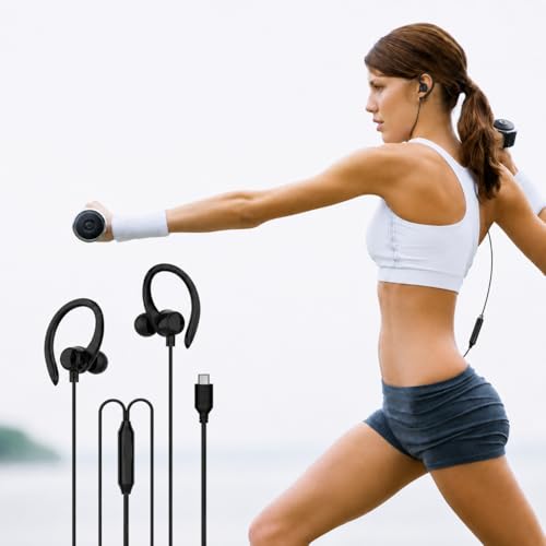 Fone de Ouvido Esportivo com Fio USB Tipo C. Intra-Auricular com Gancho, Microfone Integrado e Controle de Volume – Ideal para Corrida, Academia e Caminhadas (Preto, USB-C)