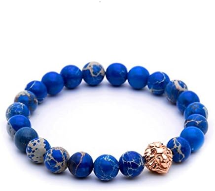 Stretch Stainless Steel Lion Head with Blue Sea Sediment Jasper Bead Bracelet Rose Gold