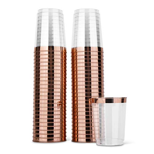 10oz Premium Rose Gold Trim - Hard Clear Plastic Cups - 100 pack Wedding/Party Disposable Tumblers - Rose Gold Rim - Elegant Party Cups