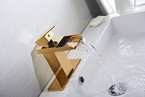Bathfinesse Bathroom Sink Faucet Waterfall Spout Single Handle One Hole Lavatory Gold