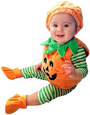 Riou Halloween Baby Clothes Pumpkin Costume Play Toddler Baby Kids Girls Demon Pumpkin Romper+Cap+Shoes Outfits Set Very Cute Fancy Dress Costume Party Suitable for Autumn and Winter