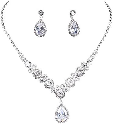 CZ Rhinestone Necklace Earrings Jewelry Set for Bridal Bridesmaid Wedding Evening Party Prom