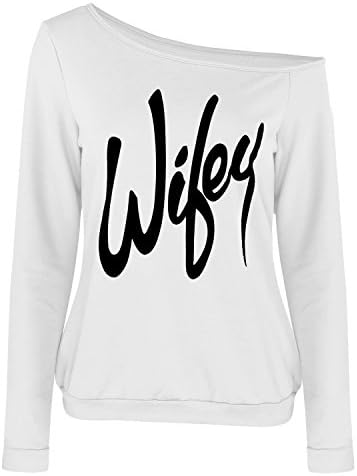 DBFACT Women's One Off Shoulder Letter Print Long Sleeve Casual T Shirt Summer Top Blouse (L, White)