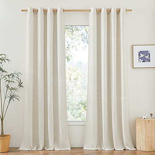 PONY DANCE Living Room Curtains, Linen Boho Eyelet Curtain, Set of 2, H 245 x W 140 cm, Beige, Linen-Look Curtains with Eyelets, Semi-Transparent Linen Curtains for Bedroom