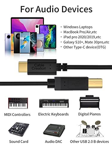 CableCreation USB B to USB C Printer Cable 6.6FT, Type B to Type C Printer Cord for MacBook Pro, Air, MIDI Cable for Yamaha Casio Digital Piano, MIDI Keyboard, DJ Controller, DAC to iPad - 2M, Black