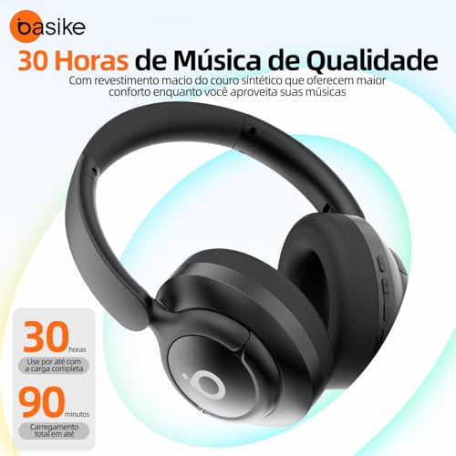 Basike Fone de Ouvido Bluetooth 5.4, ANC Cancelamento de Ruído Ativo Headphone com Microfone, Certificação Hi-Pure Audio, 30h Bateria, LE29 (Preto)