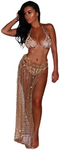 Luweki Beach Cover Up Bikini dress Sequins Swimwear Coverup Sarong Wrap Pareo Swimsuit Skirt (S, Gold)