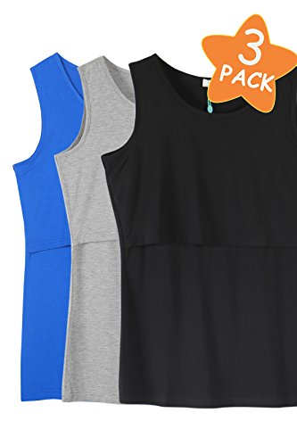 Smallshow Women's 3 Pack Sleeveless Nursing Tank Tops Medium,Blue-Black-Grey