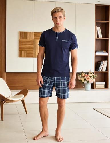 Litherday Pyjamas Men Summer Cotton Short Set 2 Pieces T-Shirt Short Sleeve Plaid Pants Sleepwear Soft and Breathable for Home S-3XL