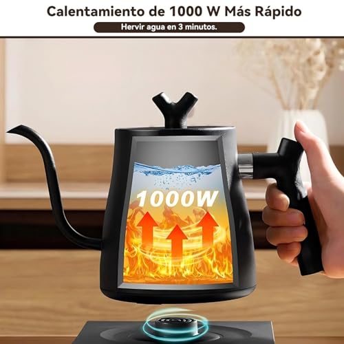 Tetera Eléctrica de Acero Inoxidable 304 con Cuello de Cisne,Electrica de 7 Modos de Temperatura,Hervidor de Agua Eléctrico con Apagado Automático,1000W Calentamiento Rápido,1 L para Preparar Café,Té