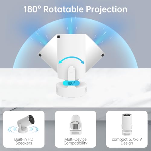 Xorytin Projector with WiFi and Bluetooth, Mini Projector with Built-in Apps, 4K Supported Smart Portable Projector, 210° Rotatable, Auto Vertical Keystone, 5W Speaker, 200 ANSI
