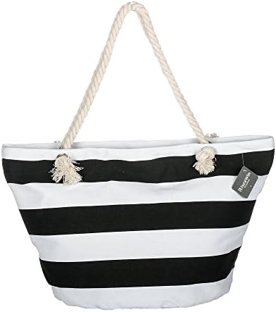 Large Cotton Beach Bag Tote ,RiscaWin Zipper Top Rope Handles Beach Bag(Black Stripe)