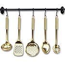 Gold / Brass Cooking Utensils for Modern Cooking and Serving, Kitchen Utensils -Stainless Steel Cooking Utensils 5 PCS-Gold Serving Spoon, Gold Soup Ladle, Pasta Serving Fork, Spatula, Kitchen Skimmer