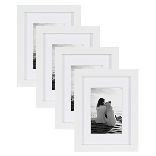 DesignOvation - Gallery Wood Photo Frame Set for Customizable Wall or Desktop Display, 5 x 7 matted to 3.5 x 5, 4 Pack, White