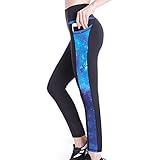Picotee Women's Yoga Pants Workout Capri Leggings Running Long Tights w Side Pocket(X-Large, Long Pants-Blue Starry)