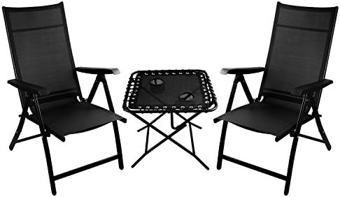 2 Heavy Duty Durable Adjustable Reclining Folding Chairs + 1 Folding Side Table Outdoor Indoor Garden Pool Black