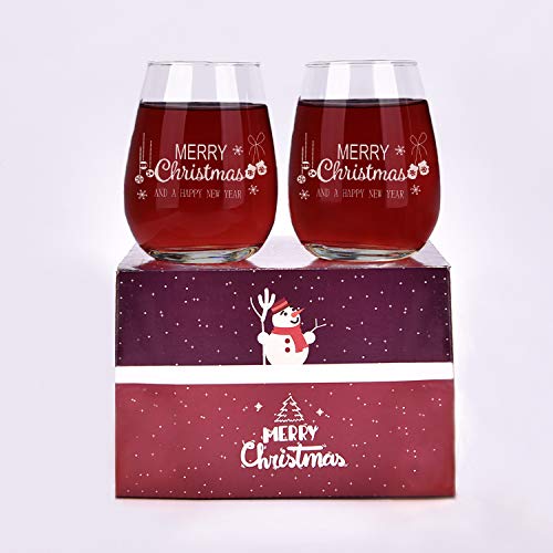 Merry Christmas and Happy New Year Stemless Wine Glass Set, 15 Oz Funny Stemless Wine Glasses for Women Friends Men, Gift Idea for Christmas Wedding Party, Set of 2